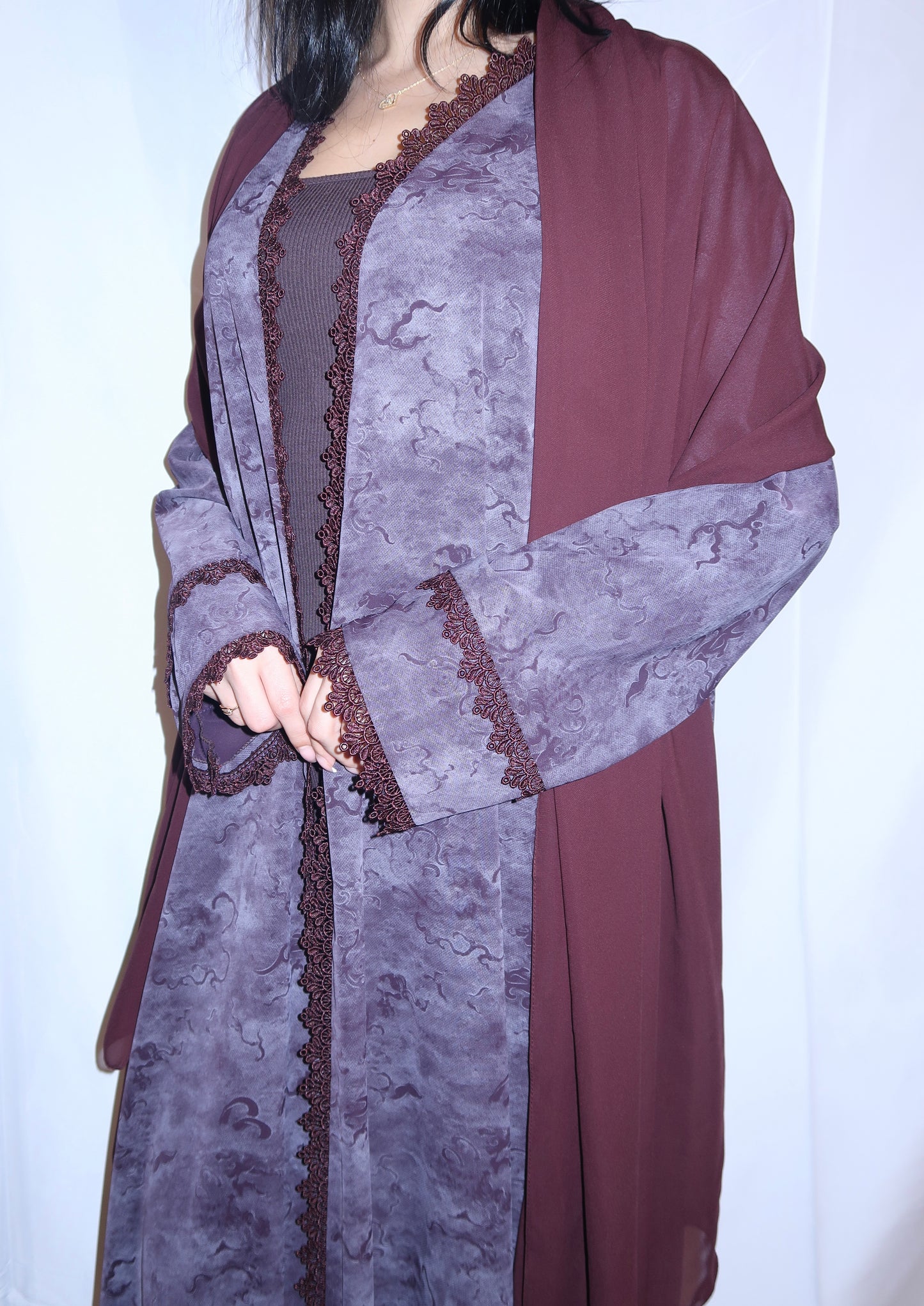 Grey marble-print and burgundy nada abaya with lace trim, full length