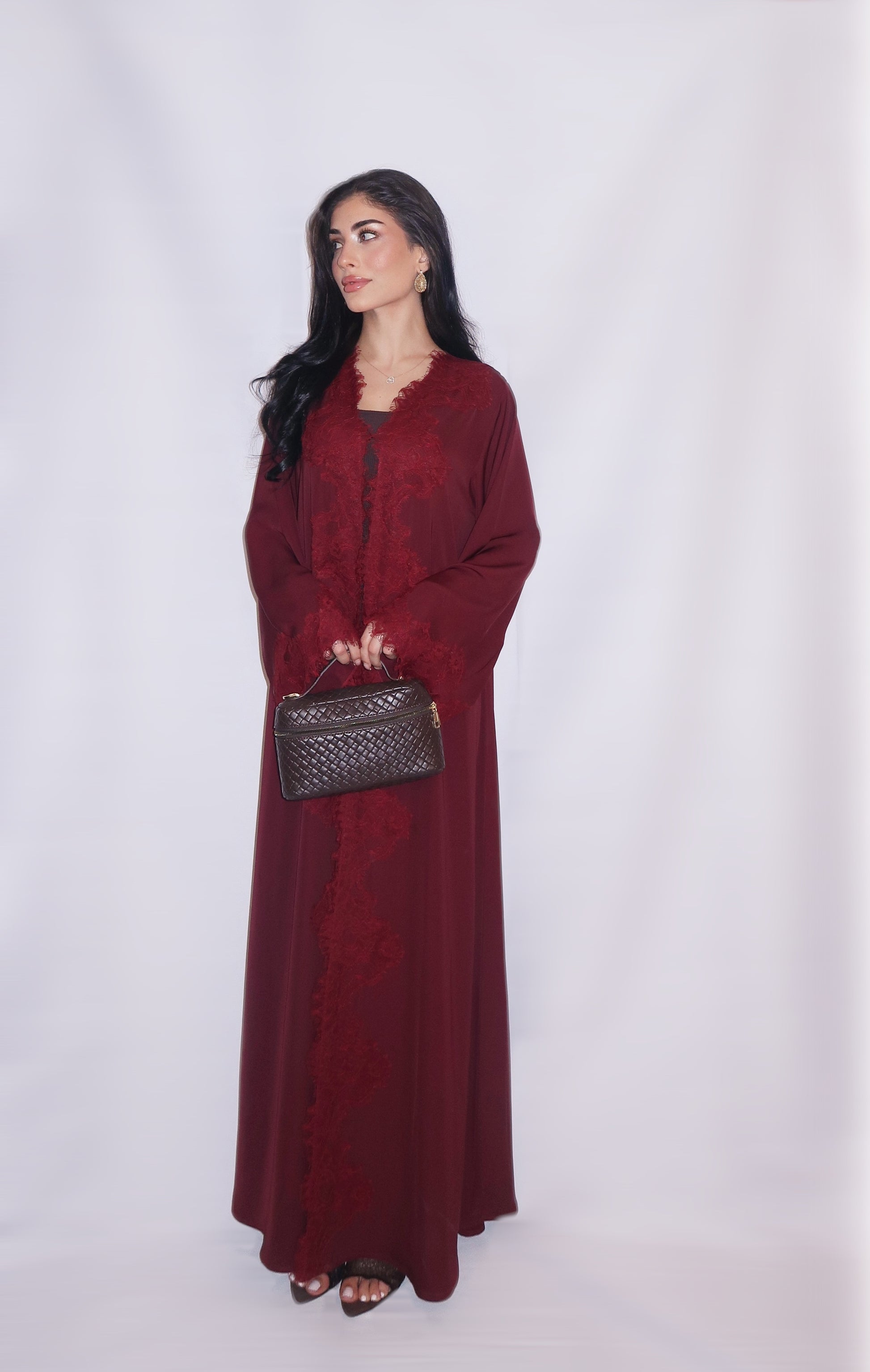 Deep burgundy nada abaya with tonal lace appliqué, full length