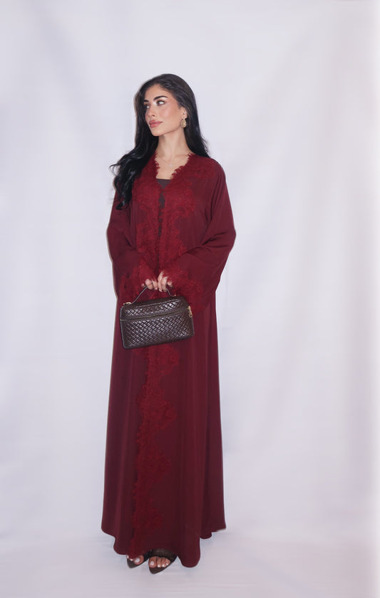Deep burgundy nada abaya with tonal lace appliqué, full length