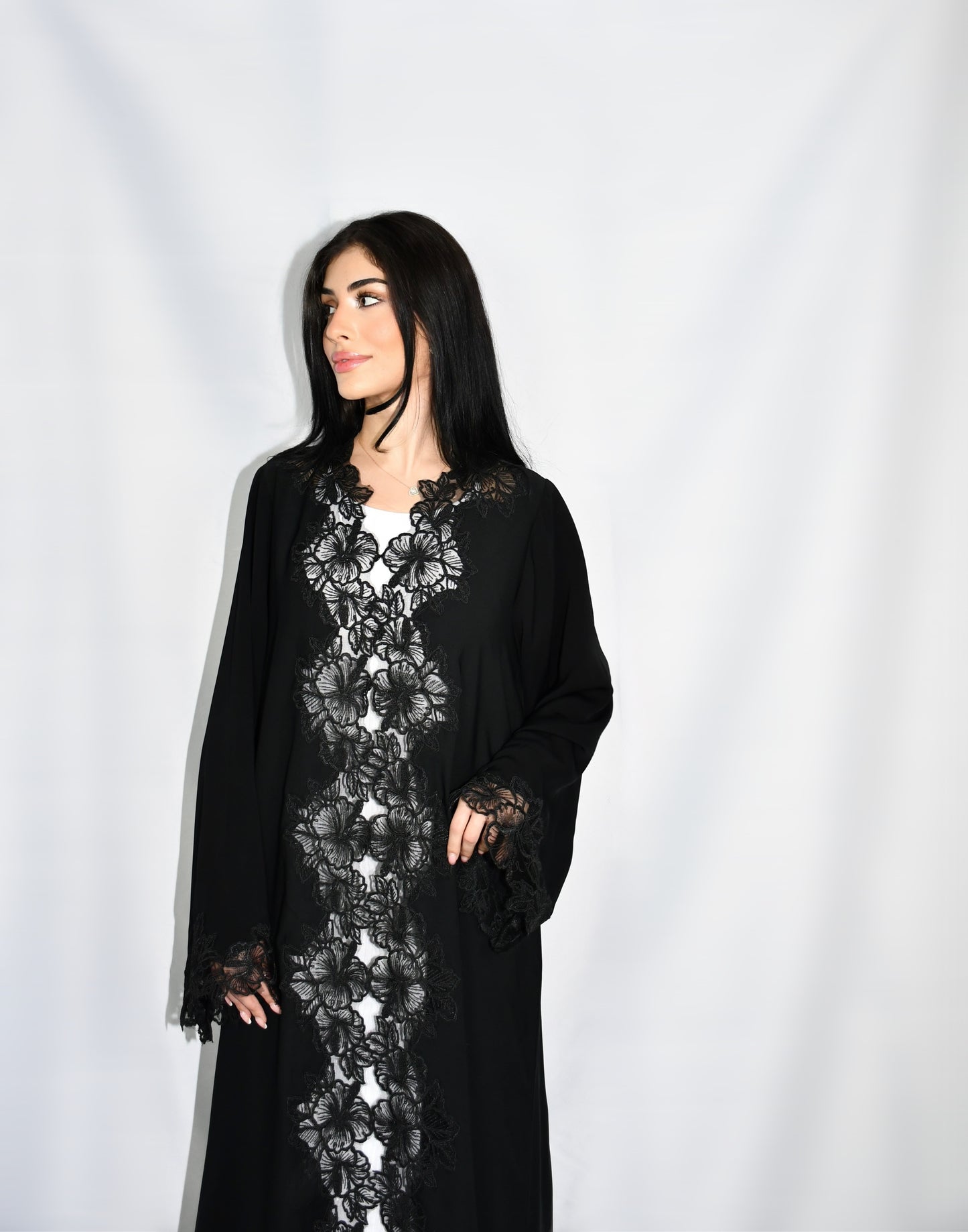 Dahlia abaya, black black with silver tonal embroidery and subtle shimmer, full length