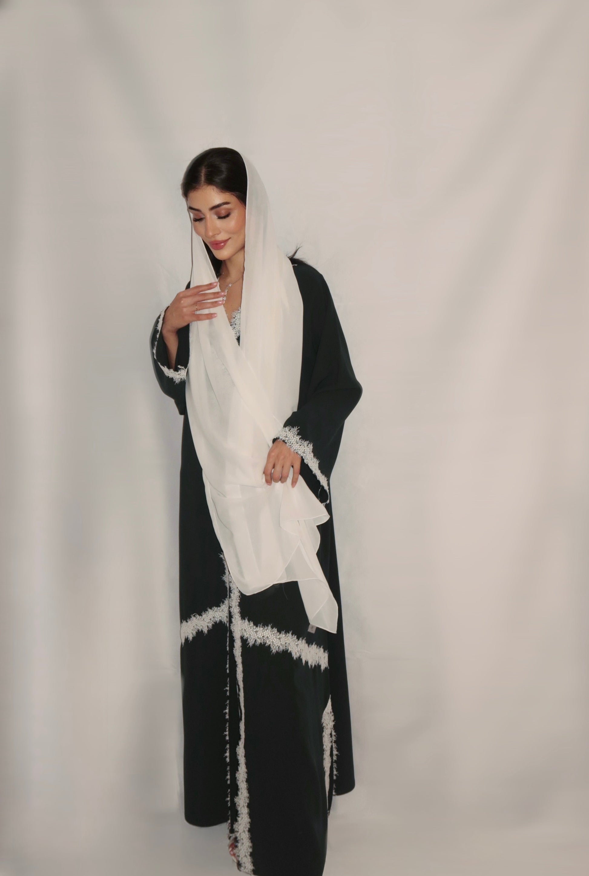 Roudha abaya, black and white scalloped trim detail, full length