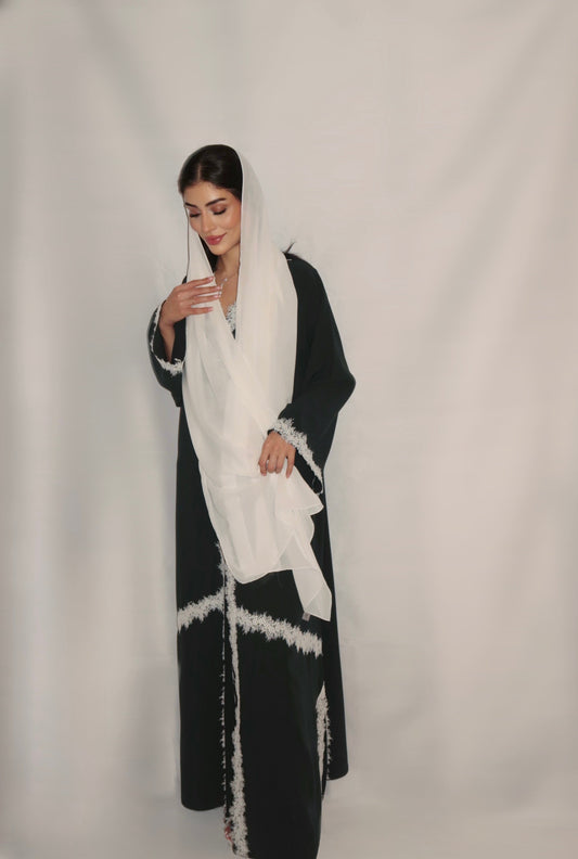 Roudha abaya, black and white scalloped trim detail, full length