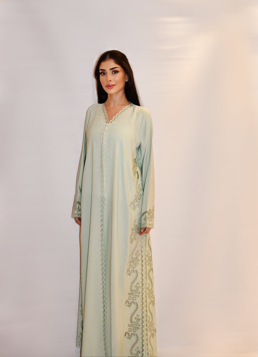 Buthaina abaya, soft pistachio green pistachio nada with floral cutwork embroidery, full length