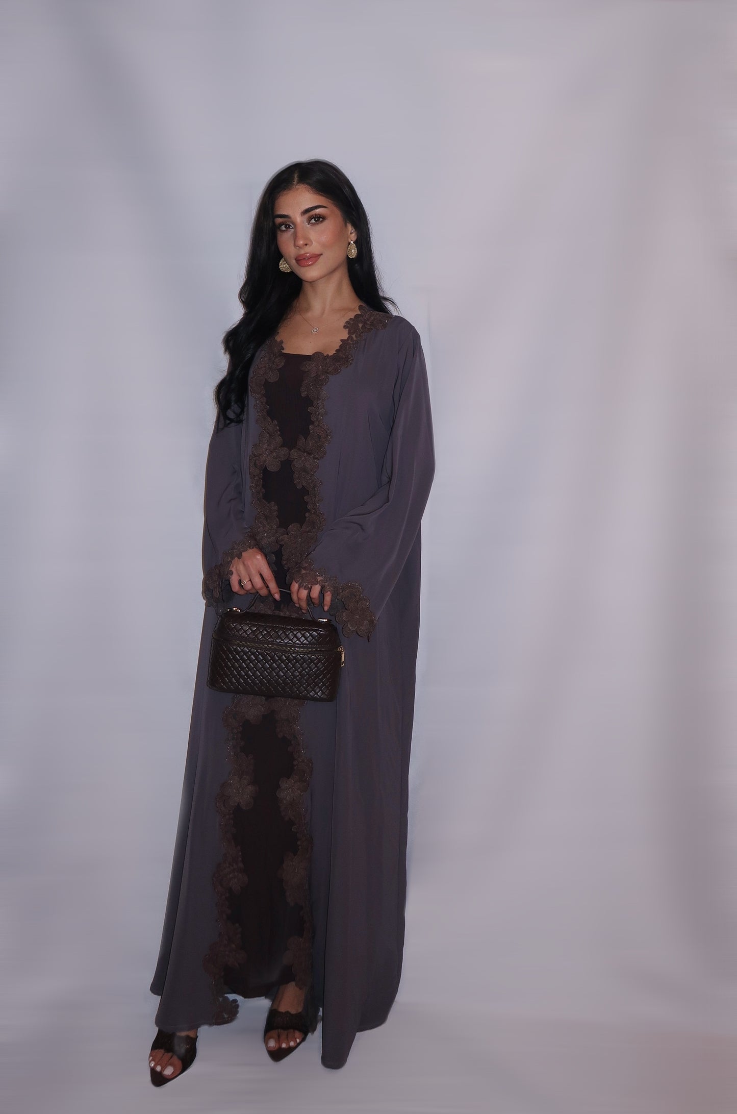 Soft-grey nada abaya with contrasting grey floral lace appliqué, full length