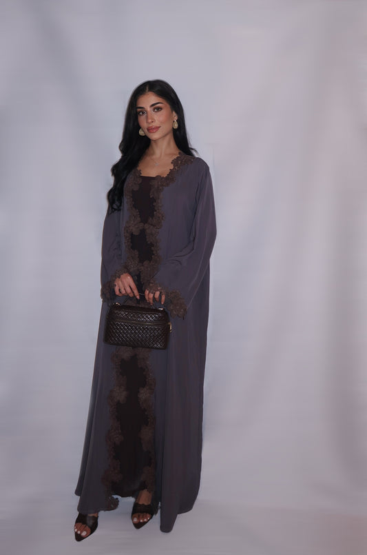 Soft-grey nada abaya with contrasting grey floral lace appliqué, full length