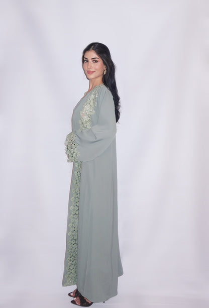 Fairouz abaya, sage green with tonal floral lace, full length
