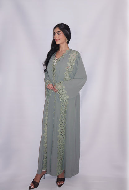 Fairouz abaya, sage green, detail 3