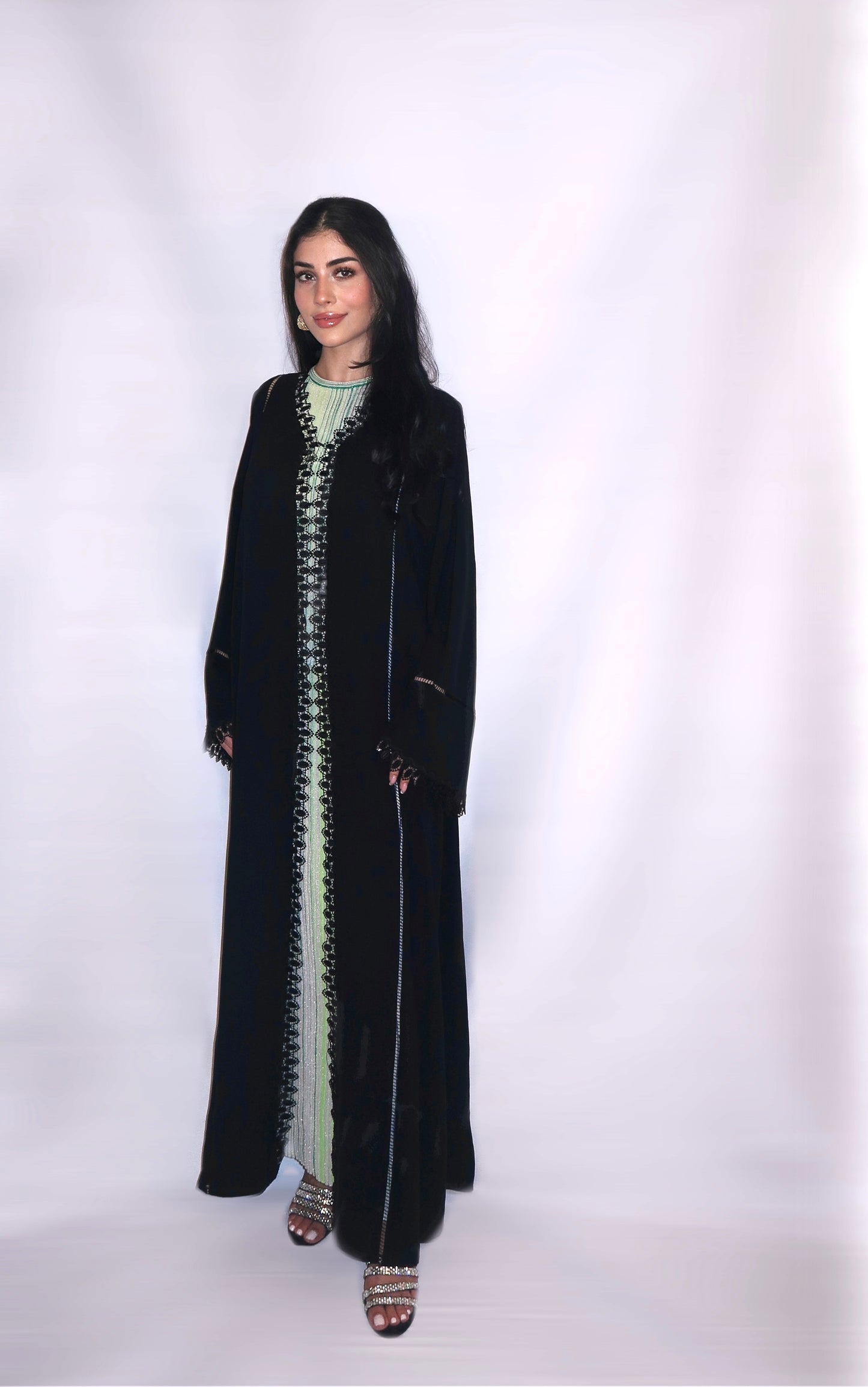 Ghalia abaya, black with openwork lace trim and fringed cuffs, full length