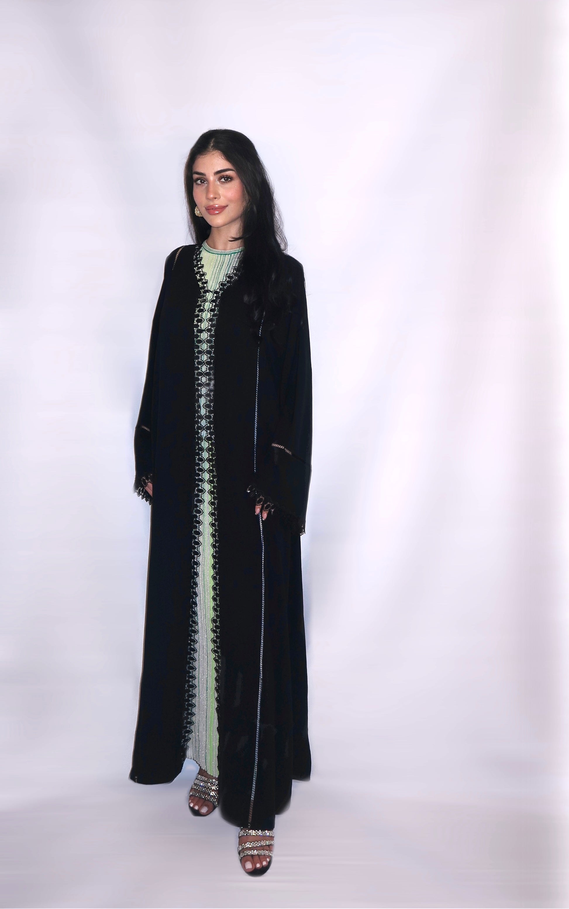 Ghalia abaya, black with openwork lace trim and fringed cuffs, full length