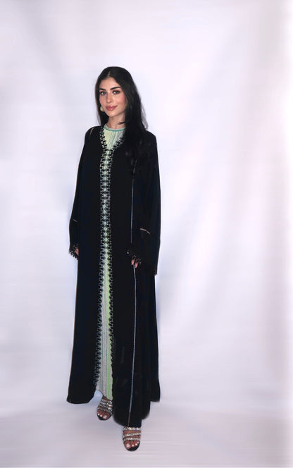 Ghalia abaya, black with openwork lace trim and fringed cuffs, full length