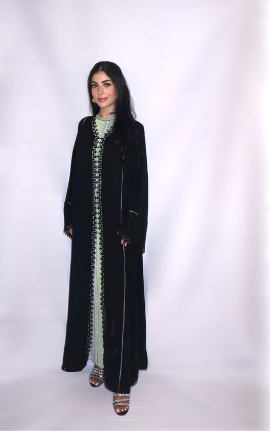 Ghalia abaya, black with openwork lace trim and fringed cuffs, full length