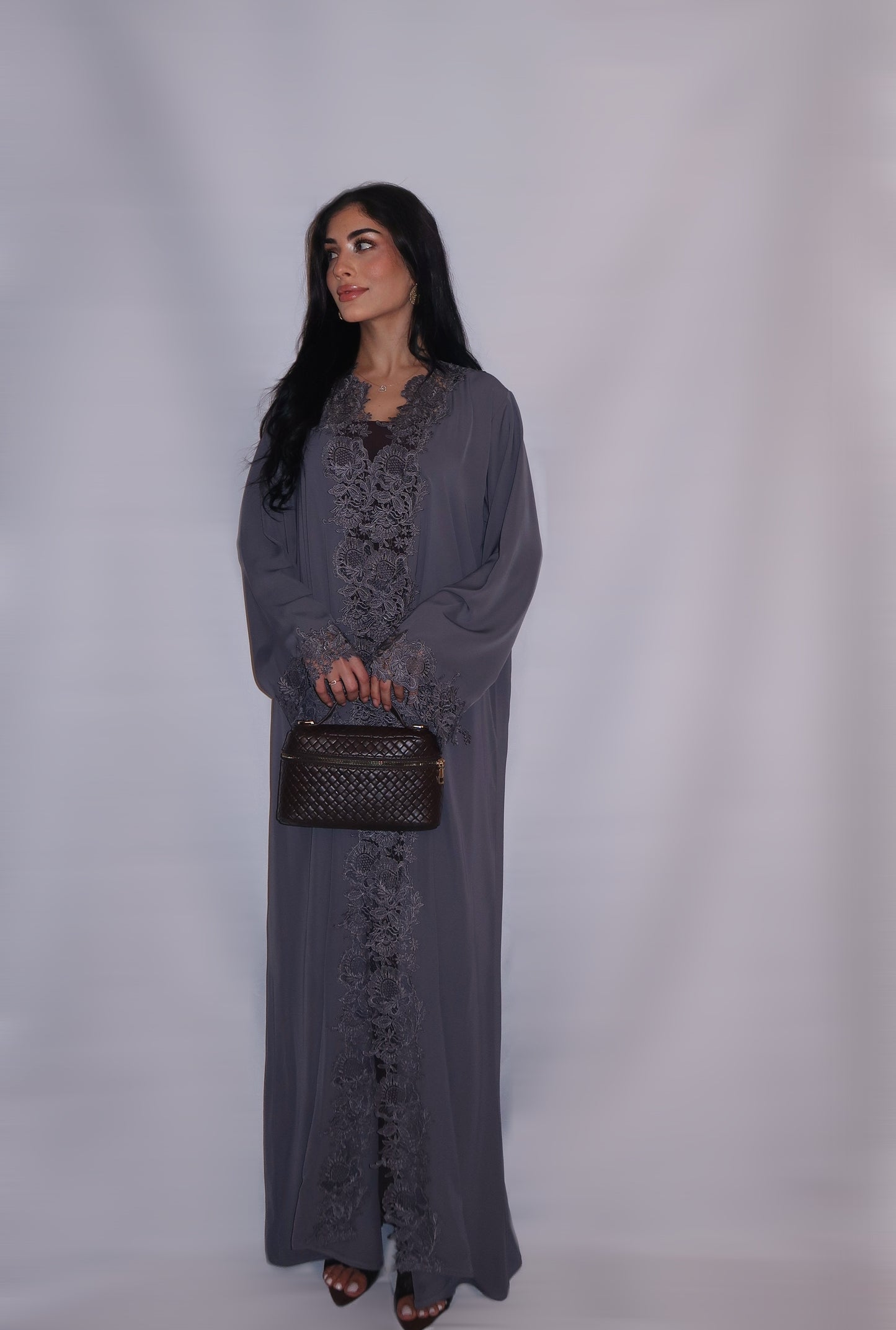 Soft dove-grey nada abaya with tonal floral lace appliqué, full length