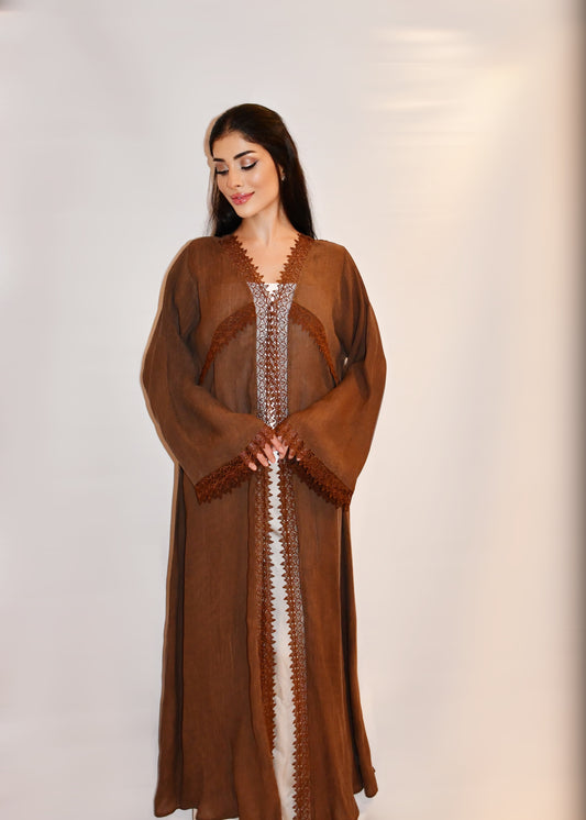 Maryam abaya, chocolate brown lightweight linen with intricate lace detailing, full length
