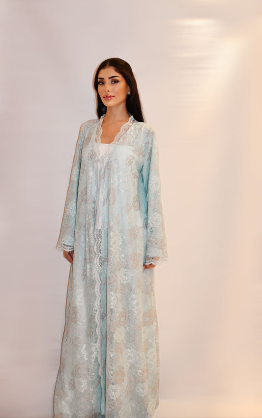 Nour abaya, ice blue floral dantelle lace with a chiffon lining, full length