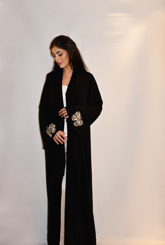 Saina abaya, black nada with handworked embellished butterflies on the cuffs, full length