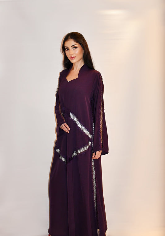 Shamsa abaya, deep plum plum nada with geometric lace cut-outs, full length