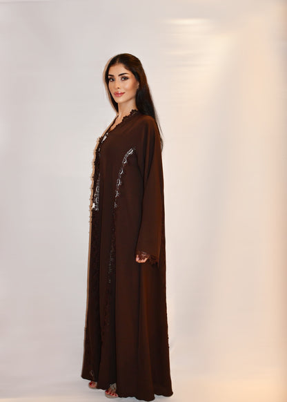 Soltana abaya, chocolate brown chocolate nada with intricate floral lace detailing, full length