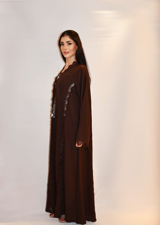 Soltana abaya, chocolate brown chocolate nada with intricate floral lace detailing, full length
