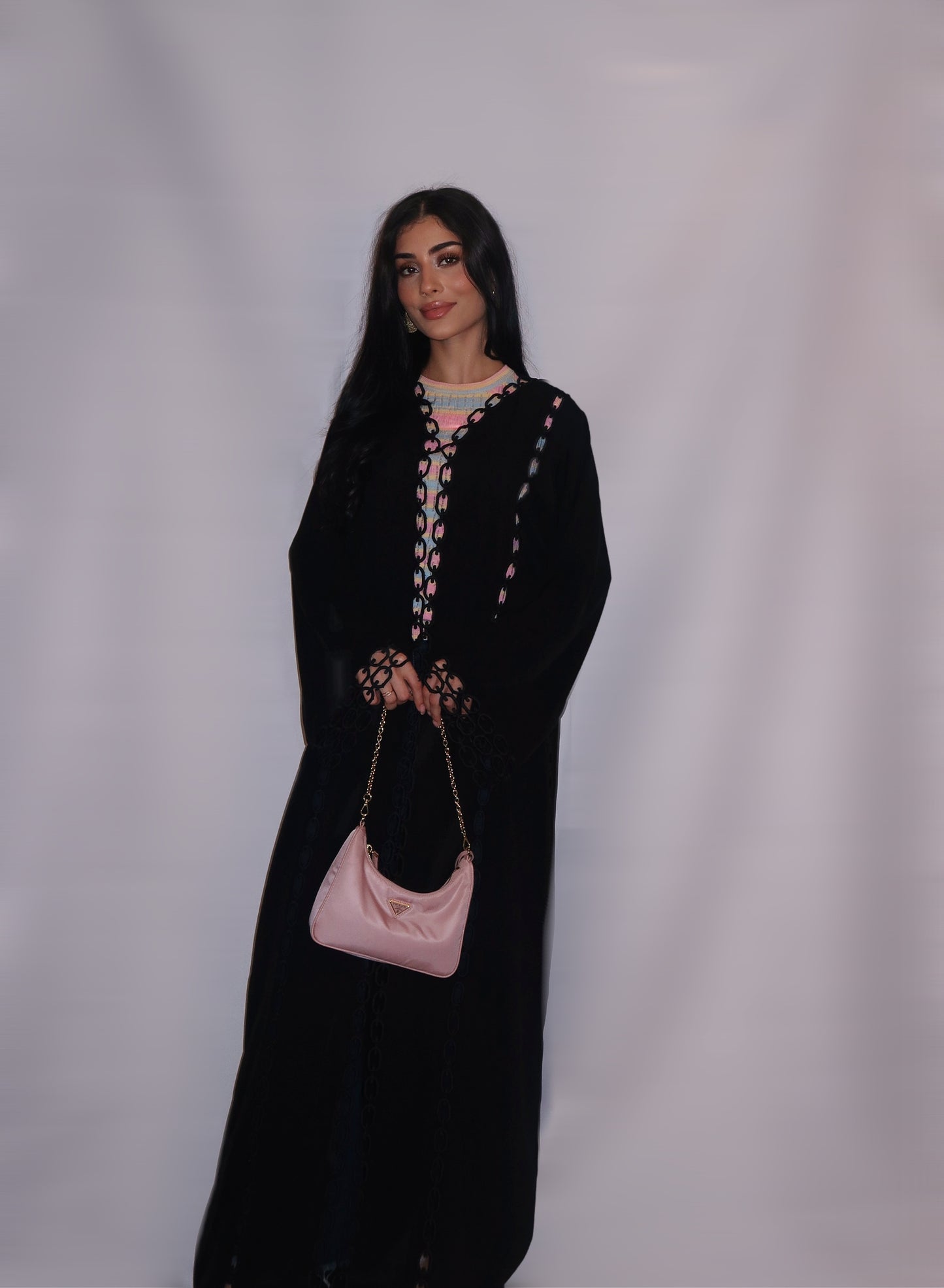 Classic black nada abaya with chain-link cutwork trim, full length