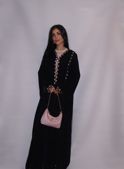 Classic black nada abaya with chain-link cutwork trim, full length
