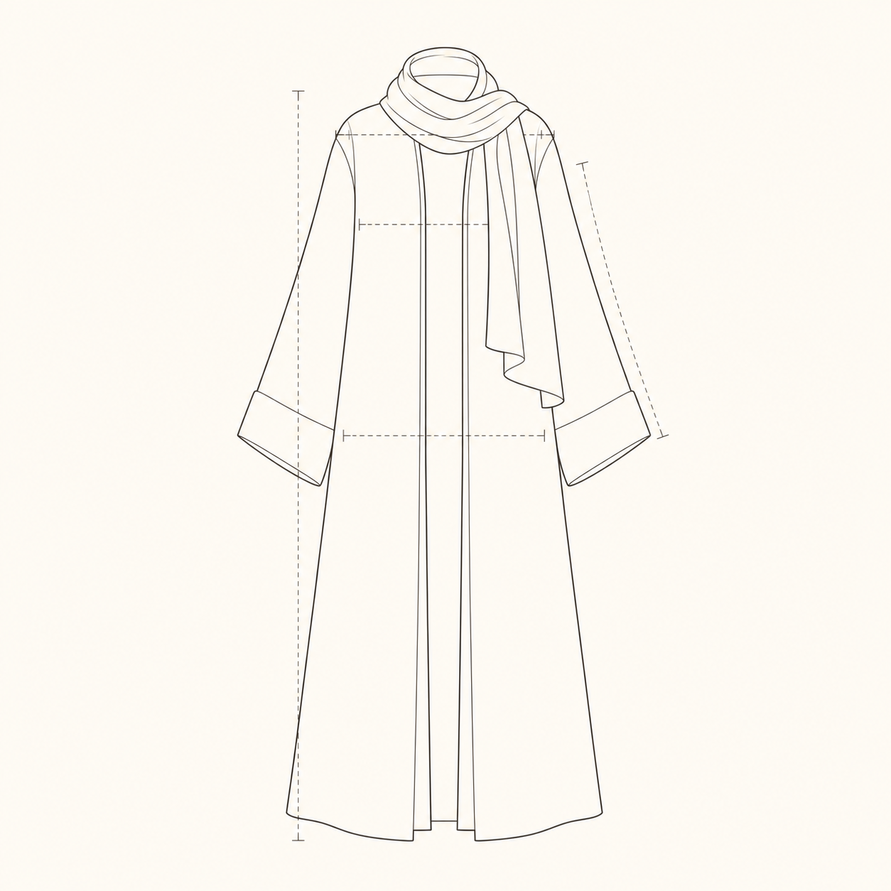 Illustration of an open-front abaya showing where to measure