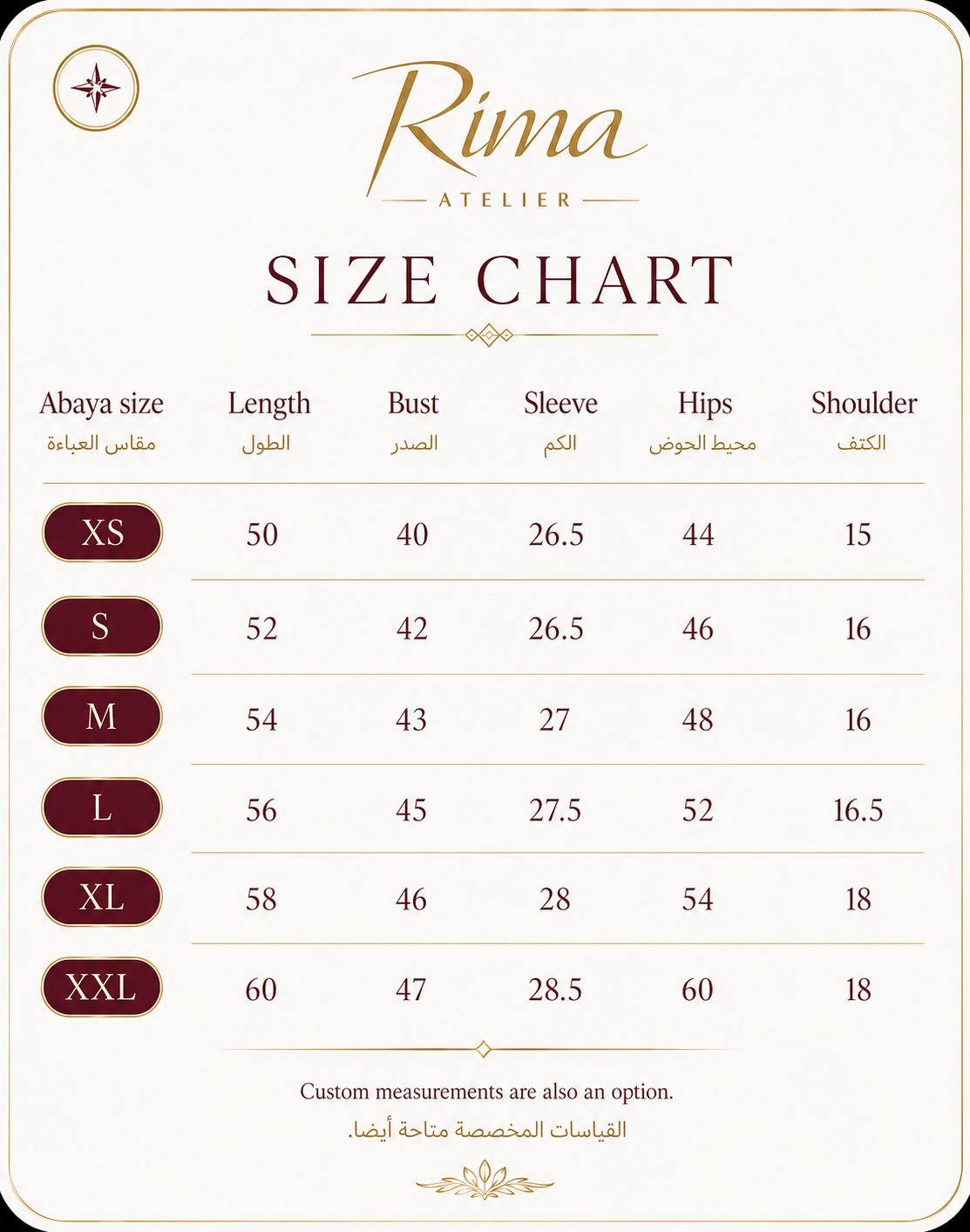 Rima Atelier printed size chart, sizes XS to XXL